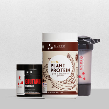 Combo of 100% Plant Protein - Pea & Brown Rice Protein + 100% Pure Glutamine Powder & Gym Shaker Bottle