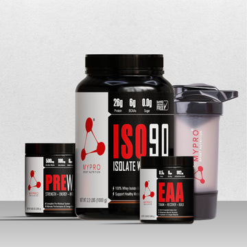 Combo of ISO 90 Advanced Whey Protein Isolate Powder + EAA Supplement + Pre-Workout Powder & Gym Shaker Bottle
